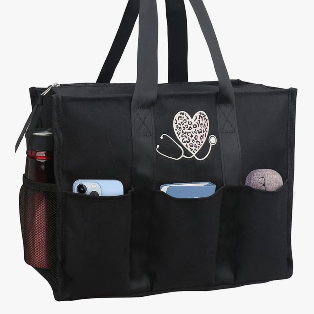 Black Tote Bag with Heart Stethoscope Design